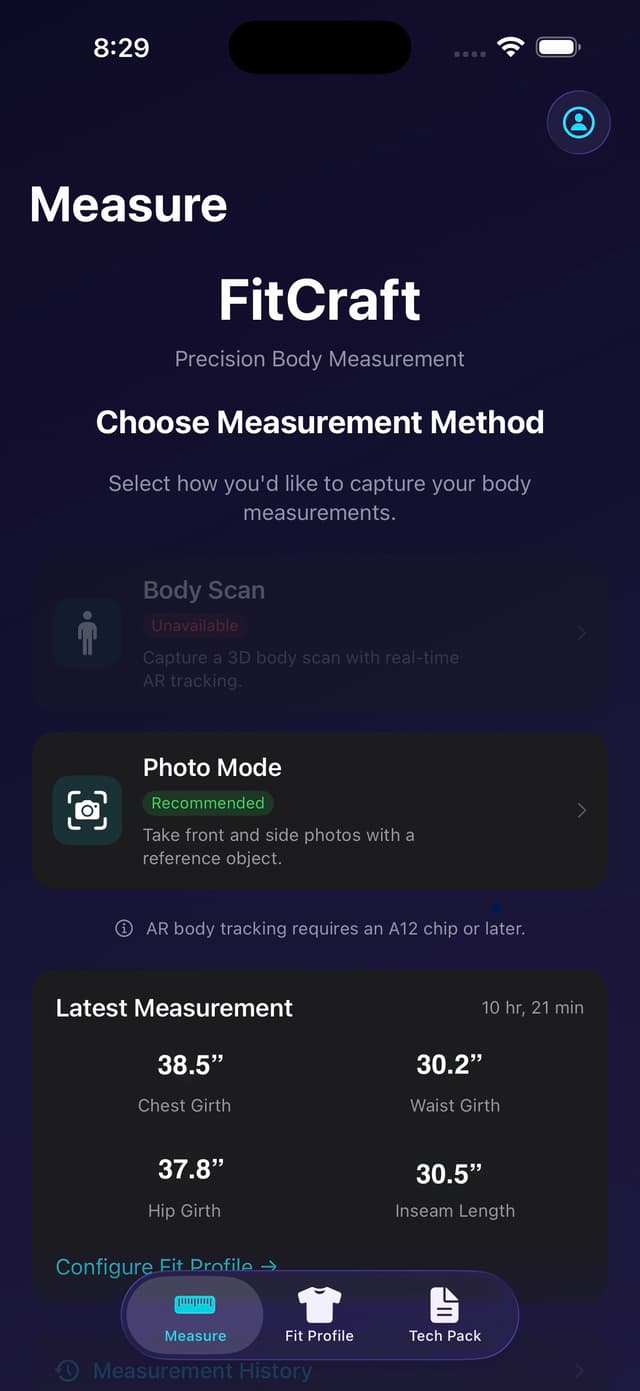 FitCraft home measure screen showing measurement methods