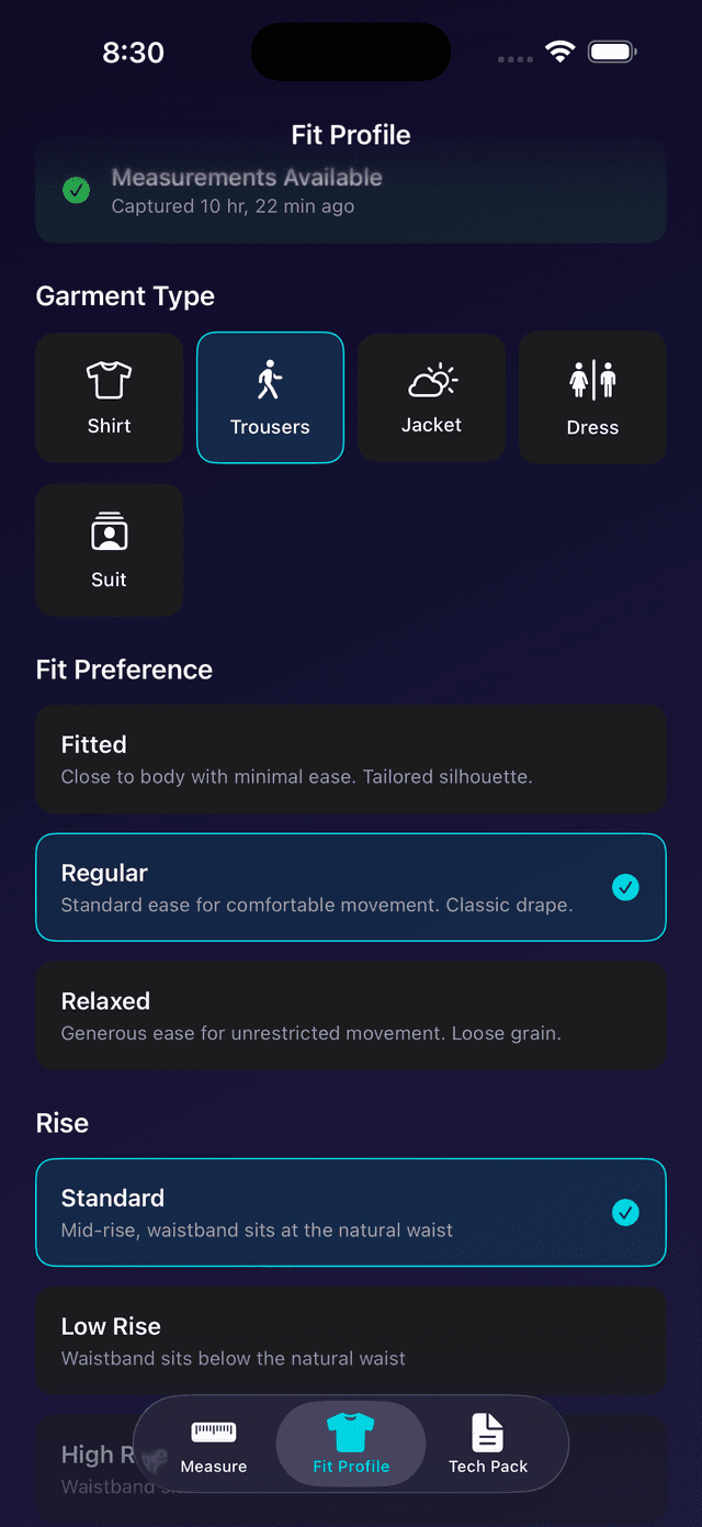 FitCraft fit profile screen showing trouser options