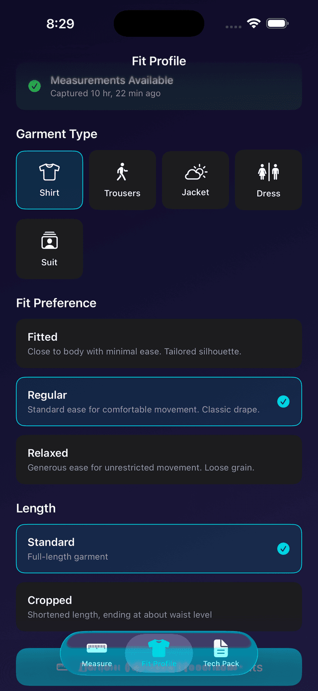 FitCraft fit profile screen showing shirt options